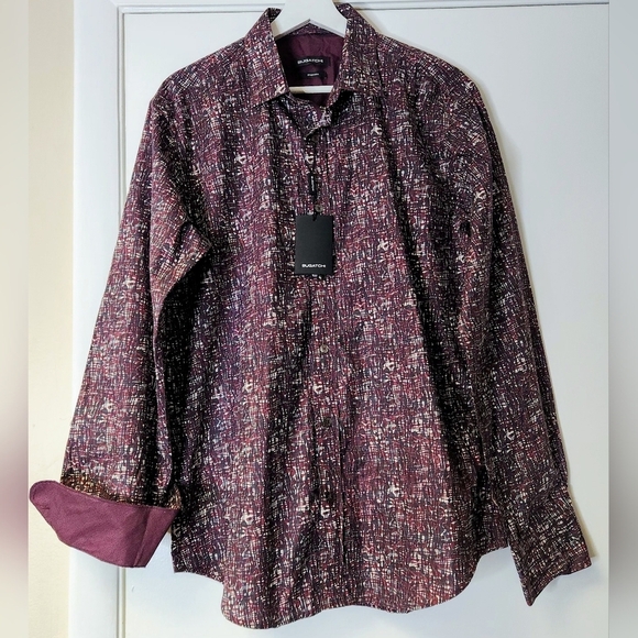 BUGATCHI Shaped Fit Abstract Button Down Shirt In Black Burgundy White Size M - Picture 3 of 16
